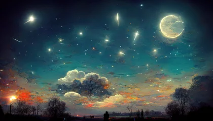 Wall murals Green Blue Painted blue night sky, dark sunset sky, with bright, shooting stars and moon, fantasy fairy tail landscape scene park or countryside orange, red, white clouds tree silhouette mysterious world