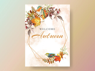 autumn greeting card with pumpkin and mushroom and bird and leaves watercolor