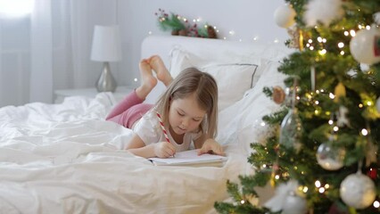 Cute little girl writing letter to Santa in decorated bedroom with Christmas tree