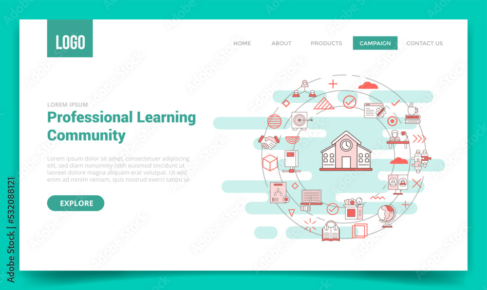 Sticker plc professional learning community concept with circle icon for website template or landing page ho