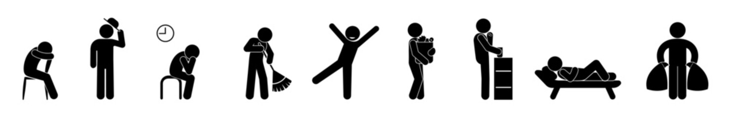 stick figure icon man, people in various poses, sitting and standing, human silhouettes isolated on white