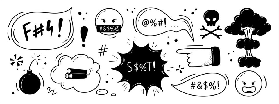 Set of speech bubbles of curses hand drawn in doodle style