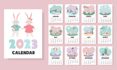 Fototapeta na wymiar Printable vertical monthly design calendar for 2023 with cute couple of bunnies in love. The product includes 12 pages for each month of the year and cover. Week starts from Sunday.