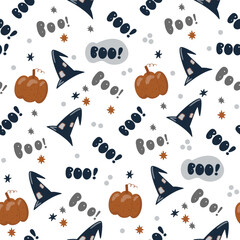 Halloween cartoon seamless pattern.Pumpkins and scary hats . 
 Children Vector illustration