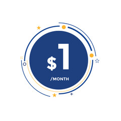1 dollar USD a month. 1 Dollar price tag label in USD. one dollar Price tag template
