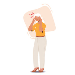 Senior Female Character Feeling Strong Head Ache, Old Woman with Pain Isolated on White Background, Health Problem