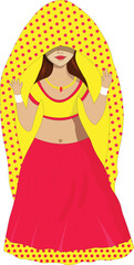 Indian Lady Wearing Lehnga Choli Doing Ghoonghat Vector Illustration Cartoon
