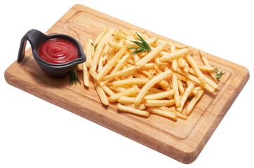 French fries potatoes on on wooden serving board isolated