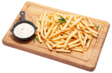 French fries potatoes on on wooden serving board isolated