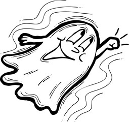 Scary cute Halloween ghost vector with funny face hand drawn illustration. Night spirit. Comic cartoon personage character for decorative design, poster print. decoration celebration, party invitation