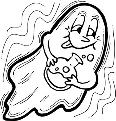 Scary cute Halloween ghost vector with funny face hand drawn illustration. Night spirit. Comic cartoon personage character for decorative design, poster print. decoration celebration, party invitation