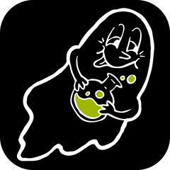 Scary cute Halloween ghost vector with funny face hand drawn illustration. Night spirit. Comic cartoon personage character for decorative design, poster print. decoration celebration, party invitation