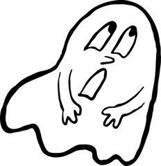 Scary cute Halloween ghost vector with funny face hand drawn illustration. Night spirit. Comic cartoon personage character for decorative design, poster print. decoration celebration, party invitation