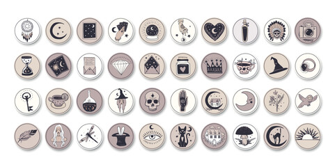 Big bunch of boho hand drawn icons, stylish. Modern cute witch logo, magic signs, mystical symbols for woman account, craft goods store. Set Vector illustration.