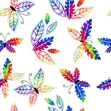 Seamless pattern of colored butterflies from leaves. Vector illustration