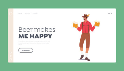 Traditional German Beer Fest Celebration Landing Page Template. Male Character Wear Bavarian Costume And Hat