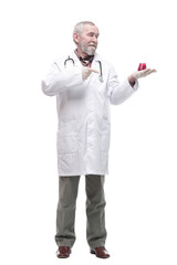 elderly competent doctor with a laboratory flask in his hands.