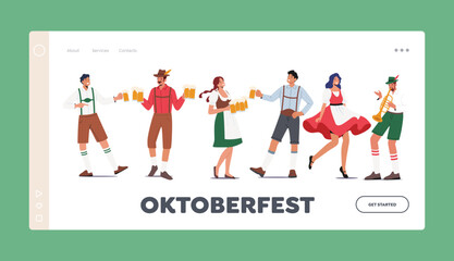 Traditional German Oktoberfest Landing Page Template. Characters Wear Bavarian Costume And Dress Celebrate Beer Festival - obrazy, fototapety, plakaty