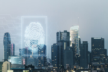 Multi exposure of virtual abstract fingerprint illustration on Los Angeles city skyline background,...