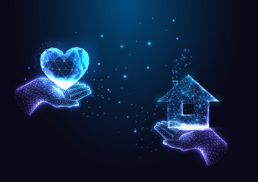 Concept of buying dream house, home love with futuristic human hands holding house and heart symbols