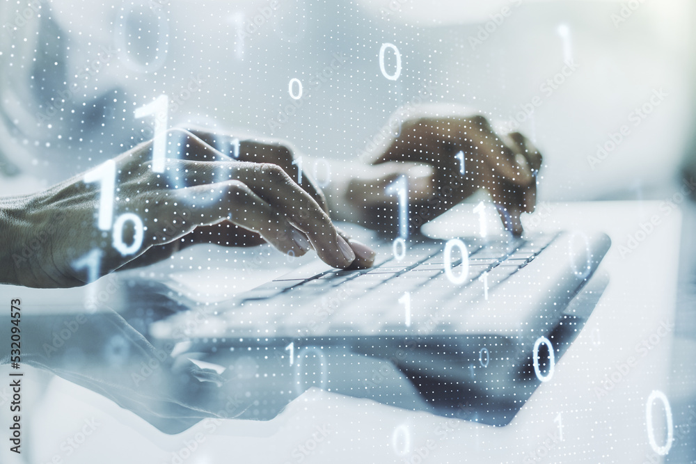 Aufkleber double exposure of creative abstract binary code hologram and hands typing on laptop on background. 