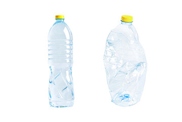 Plastic water bottle with empty crumpled used isolated on white background, reuse, recycle, pollution, environment, ecology, waste concept.