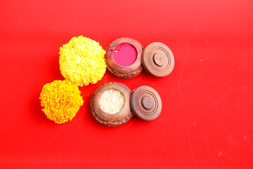 Happy Dussehra greeting card, green leaf,Rice and kumkum.