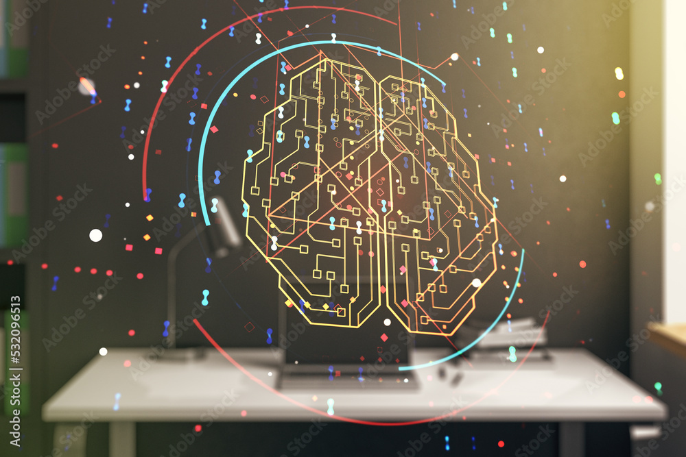 Aufkleber creative artificial intelligence concept with human brain hologram and modern desktop with computer 