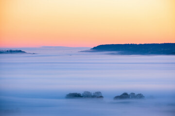 Misty landscape view at dawn with treetops sticking out of the fog