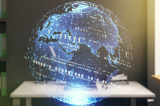Double exposure of abstract programming language with world map and modern desktop with laptop on background, research and development concept