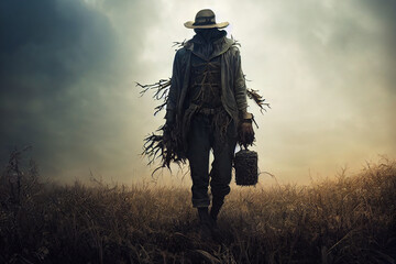 Scary scarecrow character design in farm.3D illustration - obrazy, fototapety, plakaty