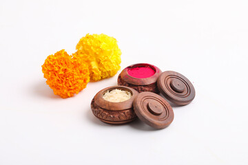 Happy Dussehra greeting card, green leaf,Rice and kumkum.