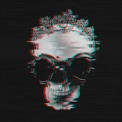 human skull in a crown and steampunk glasses with a black and white 3D glitch effect of virtual reality and texture
