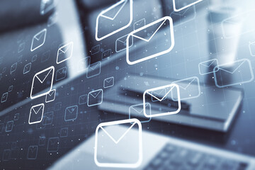 Creative concept of postal envelopes illustration on modern laptop background. Email and...