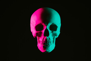 human skull with pink green neon light on black background