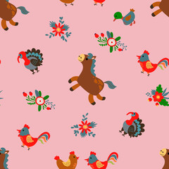 Seamless pattern with farm animals. Design for fabric, textile, wallpaper, packaging.	