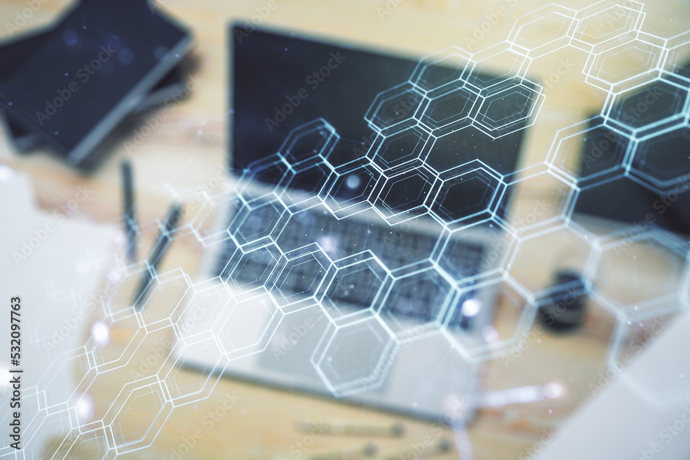 Poster creative concept of wireless technology with hexagon hologram on modern laptop background. big data 