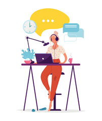 000The girl records a podcast in a home studio, an online interview on the radio. Vector flat cartoon illustration.