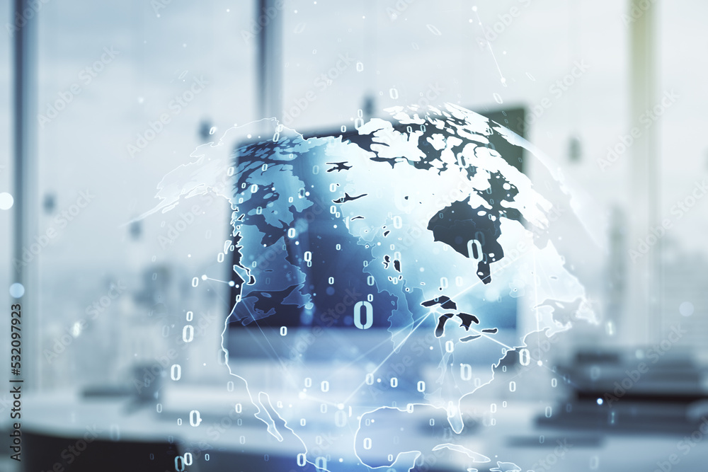 Poster double exposure of abstract creative programming illustration with world map on computer background,