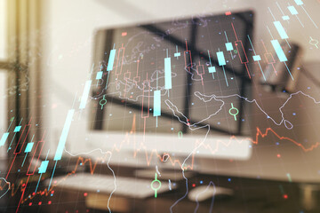 Multi exposure of abstract creative financial chart with world map on laptop background, research and analytics concept