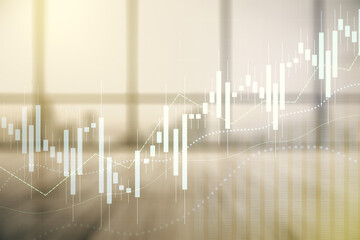 Multi exposure of abstract virtual financial graph hologram on empty corporate office background, forex and investment concept