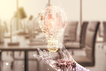 Virtual Idea concept with light bulb illustration on a modern furnished office background. Multiexposure