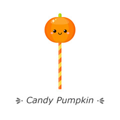 Cute pumpkin-shaped on striped stick. Vector illustration isolated on white background