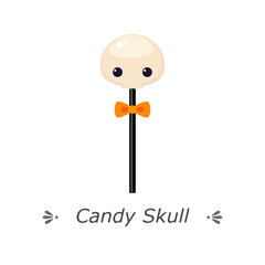 Cute skull-shaped candy on stick with bow. Vector illustration isolated on white background