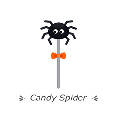 Cute spider-shaped candy on stick. Flat vector illustration isolated on white background