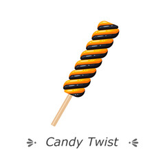 Twisted orange and black candy on stick. Flat vector icon isolated on white background