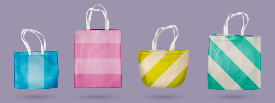 Realistic set of colorful fabric bag mockups isolated on grey background. Vector illustration of rainbow striped totebags with handle made of organic cotton. Reusable eco shopping accessory collection