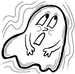 Scary and cute Halloween ghost with funny face hand drawn illustration. Night spirit. Comic cartoon personage character for decorative design, poster print. decoration celebration, party invitation.