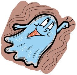 Scary and cute Halloween ghost with funny face hand drawn illustration. Night spirit. Comic cartoon personage character for decorative design, poster print. decoration celebration, party invitation.