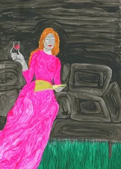 Küchenrückwand glas motiv watercolor painting. woman drinking wine and reading book. illustration.  © Anna Ismagilova